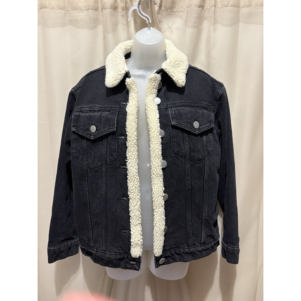 Maje 'Balta' Faux Shearling Black Denim Jacket sz 40